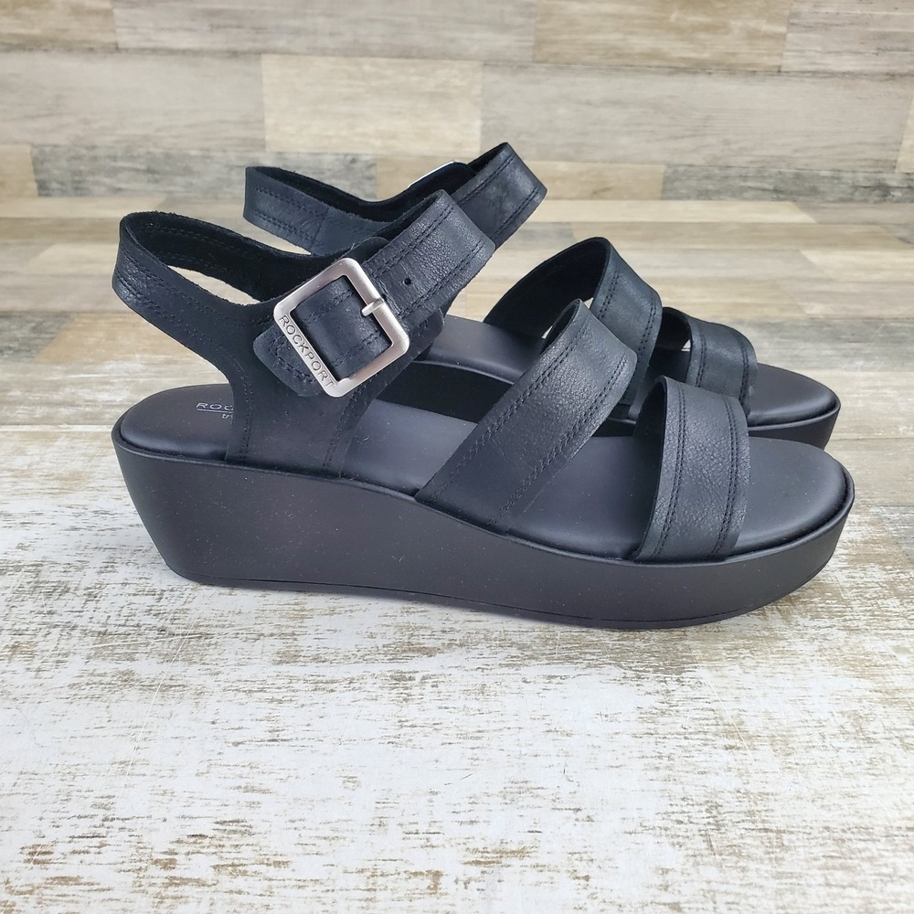 Rockport Anala Womens Wedge Sandals Sz 10 M Black Leather Strappy Silhouette
